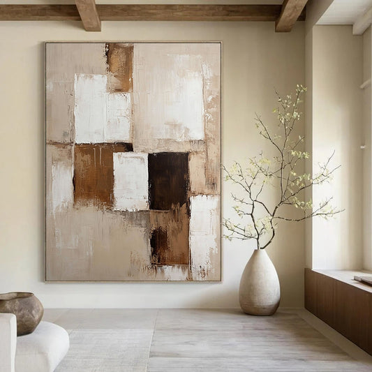 Contemporary abstract painting with beige and white tones and brown accents on textured canvas creates a perfect neutral wall accent. DLZ0289