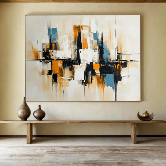 “Neutral Urban Abstraction” - Beige, Black, White, Abstract Minimalist Cityscape Painting On Canvas HB1081