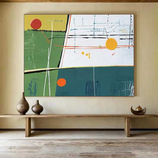 “Colorful Geometric Landscape” - Green, Yellow, Blue, Red with Geometric Forms - Abstract Acrylic Painting HB1354