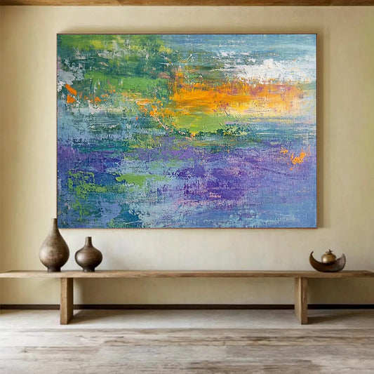 “Vibrant Abstract Field” - Green, Blue, Purple, Orange, Textured Abstract Landscape Painting On Canvas HB1070