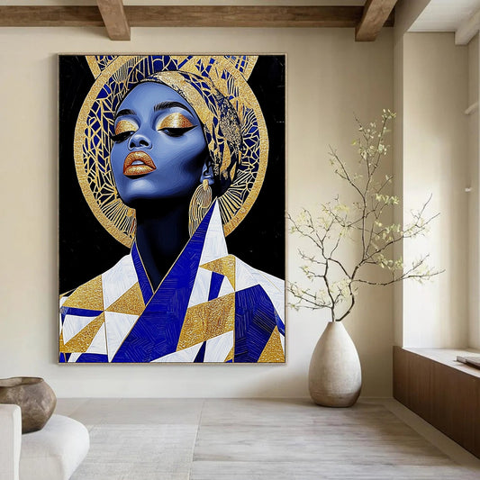 Contemporary abstract art featuring an African queen in gold leaf jewelry and geometric patterns, set against bold black shapes for added depth. DLZ1086