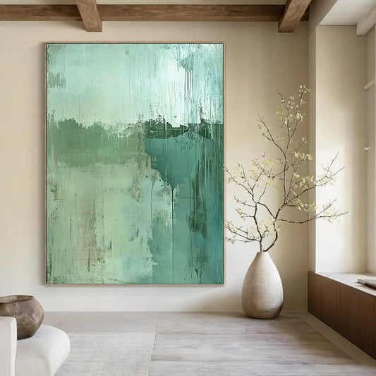 Contemporary hand-painted abstract artwork features a worn landscape in green and blue tones with textured depth and a subtle focal point for intrigue. DLZ0962