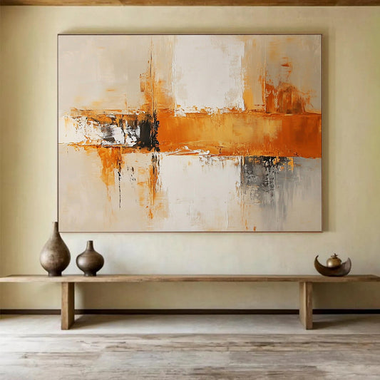 “Dynamic Orange and Gray Abstract Composition” - Orange, gray, white; Abstract dynamic brushstrokes and blocks; Acrylic Painting On Canvas HB1228