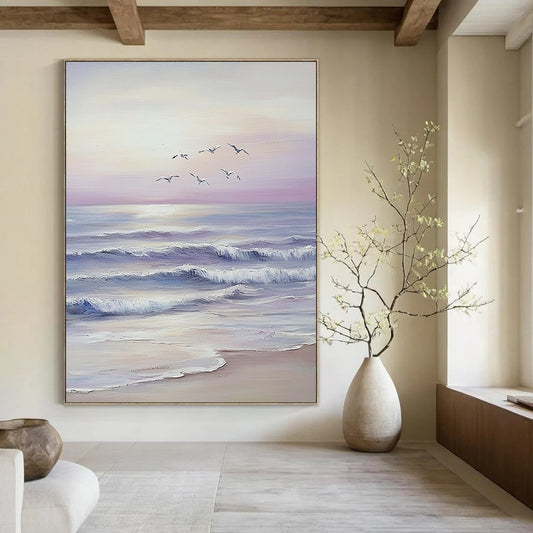 Contemporary hand-painted abstract art featuring serene ocean waves, distant beach, seagulls in flight, and dreamy sunset hues in light purple tones. DLZ1705
