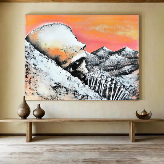 “Skull and Mountains” - Orange, Pink, Gray, Black, Surreal Landscape - Surrealist Acrylic Painting HB1553