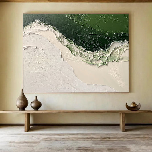 “Textured Green and White Abstract” - Green, White, Thick Textures Painting On Canvas HB0890