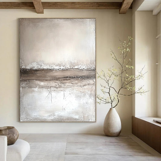 Abstract painting featuring neutral tones in faded beige and white with horizontal lines and a textured background on a large canvas in minimalist style. DLZ0559