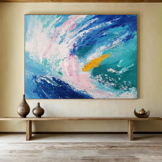 “Playful Fish in Colorful Waves” - Blue, pink, yellow; Abstract fish in waves; Expressive Acrylic Painting On Canvas HB1190