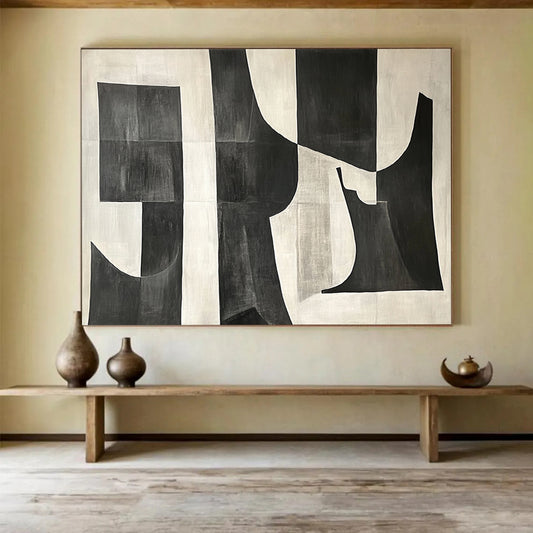 Black and White Geometric Abstract "Bold Shapes" Painting On Canvas HB0659