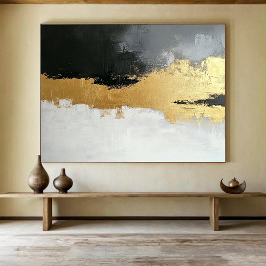 “Gold - Gray Abstract Fusion” - Gold, Gray, Textured Swirls Painting On Canvas HB0806