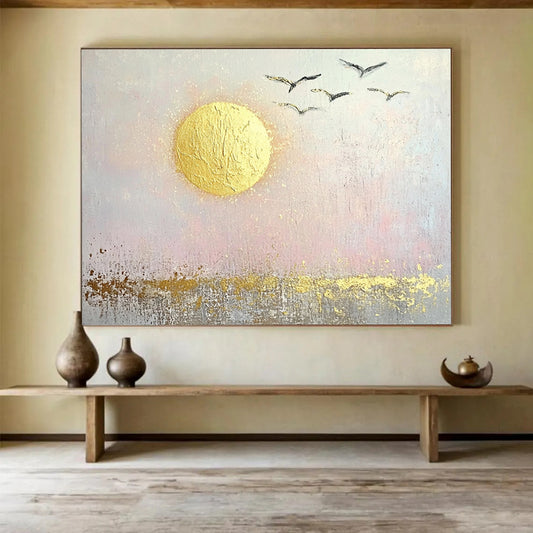 “Golden Sun and Birds” - Gold, pink, gray; Abstract sun and birds; Textured Acrylic Painting On Canvas HB1194