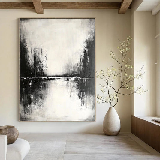 Contemporary abstract painting featuring tranquil reflections on water with muted tones and soft edges creating a serene atmosphere. DLZ0308