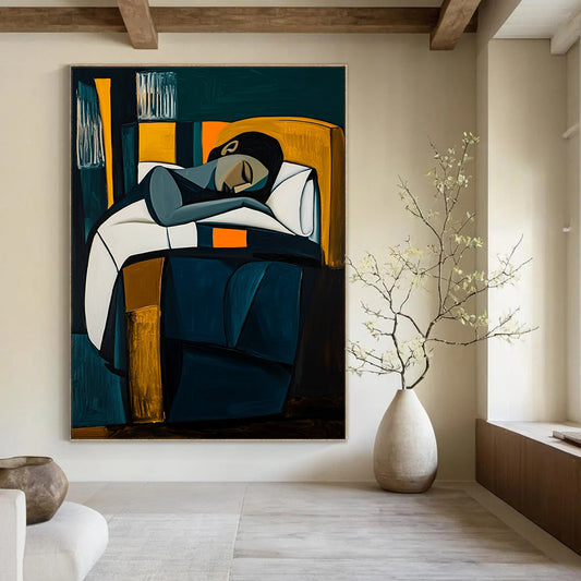 Contemporary abstract painting featuring a woman in bed with dark blue and white tones geometric shapes and vibrant orange elements against a dark green background. DLZ1525