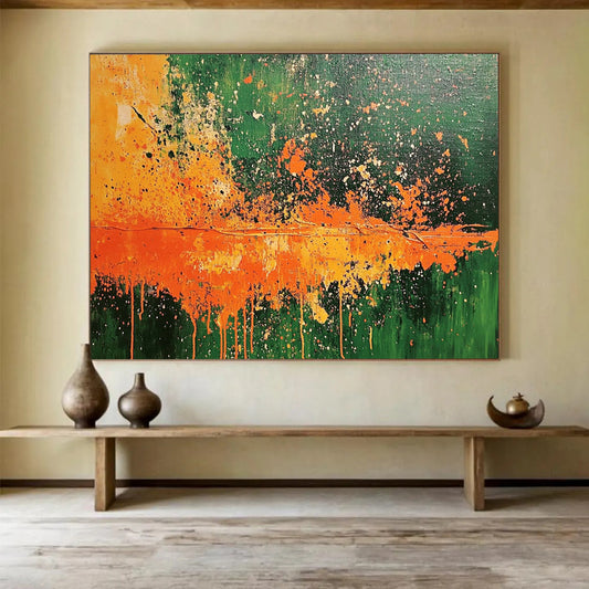 “Explosive Green and Orange” - Bright Greens, Oranges, and Whites, Energetic Splatter - Style Abstract Painting On Canvas HB0911