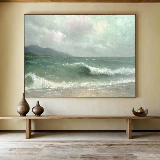 “Misty Sea Beach” - Green, Gray, Sea, Beach, Mountains Painting On Canvas HB0755