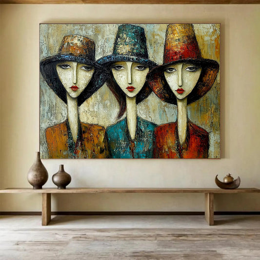 “Women in Hats” - Earthy Tones, Reds, Blues, Stylized Portraits of Women in Hats - Textured Oil Painting HB1760