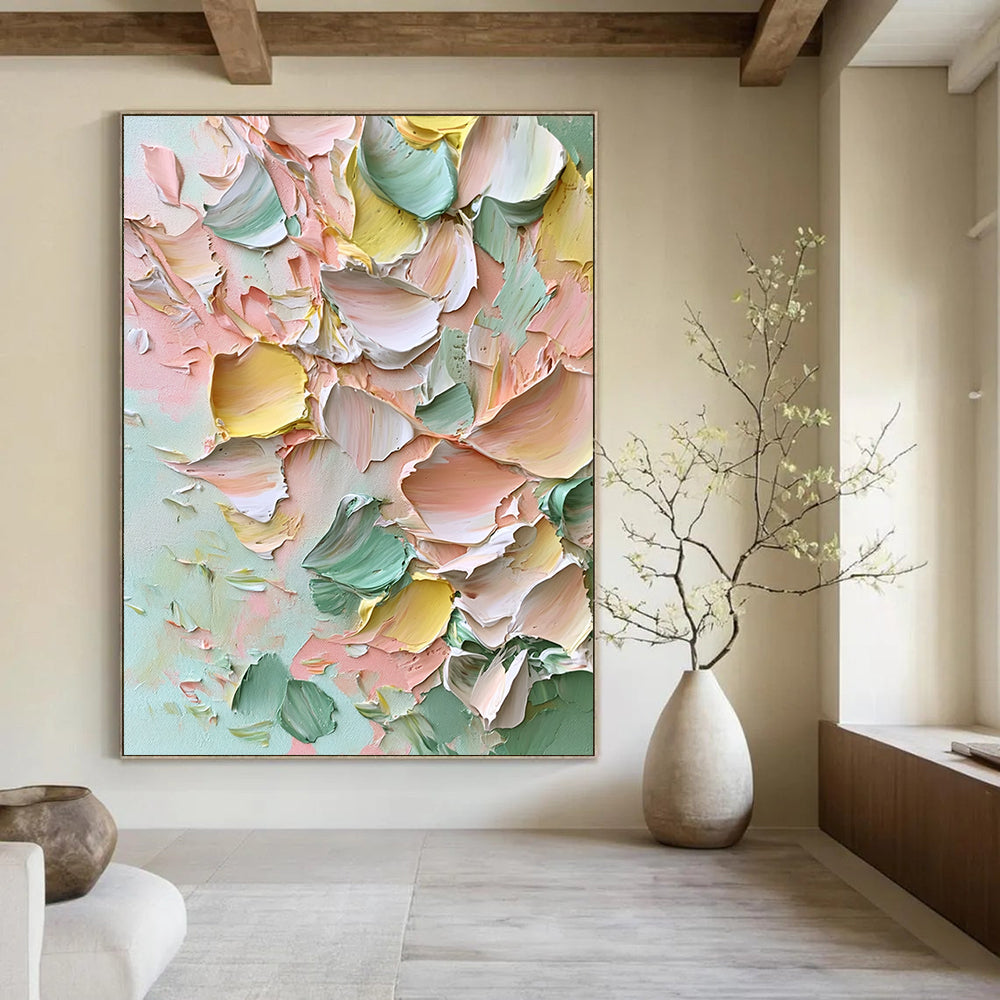 Contemporary large hand-painted abstract artwork featuring thick impasto strokes of soft pinks greens yellows and whites creating dreamy floral textures. DLZ1225