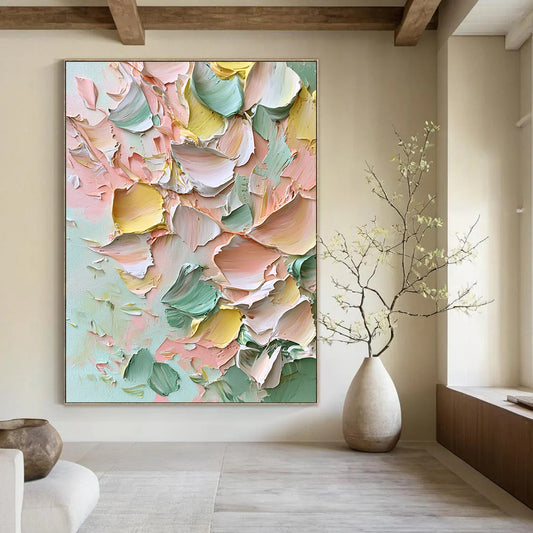 Contemporary large hand-painted abstract artwork featuring thick impasto strokes of soft pinks greens yellows and whites creating dreamy floral textures. DLZ1225