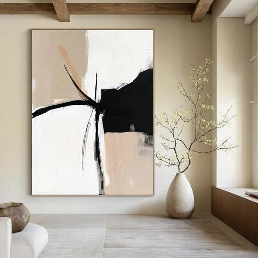 Contemporary hand-painted abstract artwork in black, white, and beige, featuring a minimalist design with an elegant bohemian feel. DLZ0320