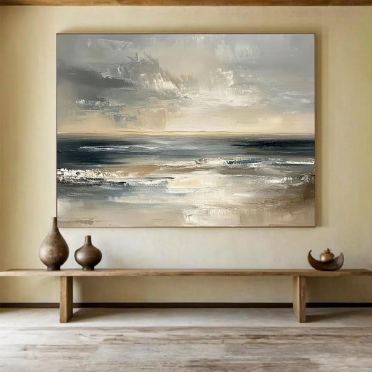 “Moody Ocean Horizon” - Greys, Browns, Blues, Dramatic Ocean - Impasto Oil Painting HB1603