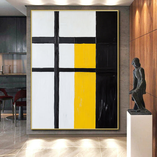 Black, White, Yellow, Geometric Squares "Primary Geometric Squares" Abstract Neo - Platicist Painting On Canvas HB159