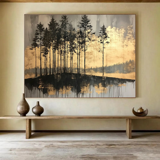 “Gilded Forest Reflections” - Dark grays, blacks, shimmering golds; Silhouetted trees, reflective water; Minimalist Landscape Painting On Canvas HB1158
