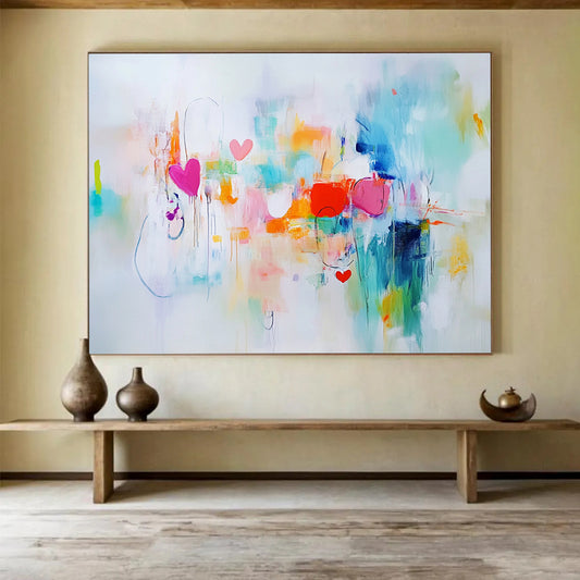 “Hearts and Hues” - Pink, Teal, Orange, Abstract Love - Contemporary Acrylic Painting HB1515