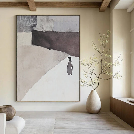 Contemporary hand-painted abstract artwork featuring an elegant white and gray landscape with a penguin silhouette and serene negative space. DLZ1725