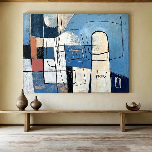 Blue with Geometric Shapes and Lines - “Structured Blues” Painting On Canvas HB1452