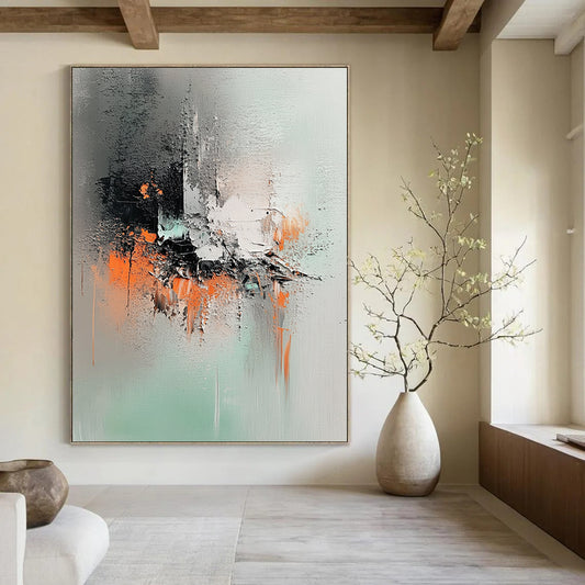 Contemporary abstract artwork features mint green, gray tones, and ink splash effects with a palette knife technique on canvas. DLZ1046