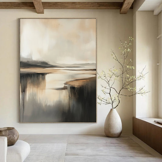 Contemporary abstract painting featuring a misty coastal landscape in neutral tones with rich texture and depth and gentle shadows. DLZ0472