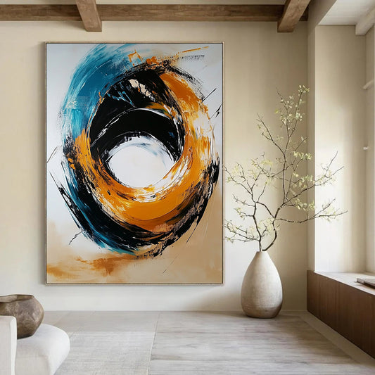 Contemporary hand-painted abstract artwork featuring a black and gold color scheme with a light orange circle and navy blue turquoise swirls against a white background. DLZ0446