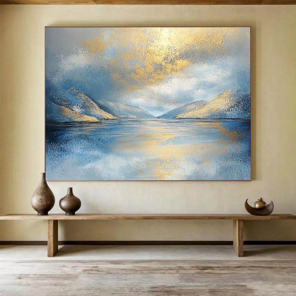 “Golden Mountain Reflection” - Blue, Gold, White, Sparkling Lake and Sunlit Peaks Painting On Canvas HB0919