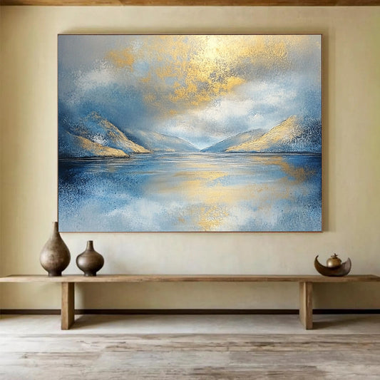 “Golden Mountain Reflection” - Blue, Gold, White, Sparkling Lake and Sunlit Peaks Painting On Canvas HB0919