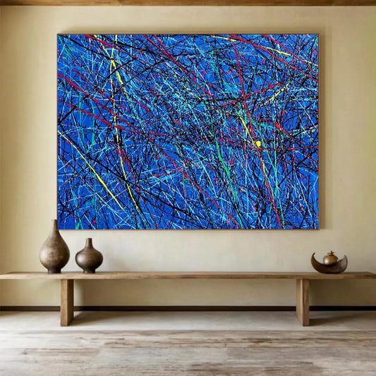 “Blue Abstract with Colorful Tangled Lines” - Blue, Red, Yellow, Green, Tangled Lines Painting On Canvas HB0829