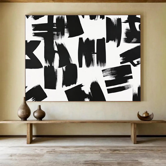 “Chaotic Black - White Brush Marks” - Black, White, Dynamic Marks Painting On Canvas HB0805