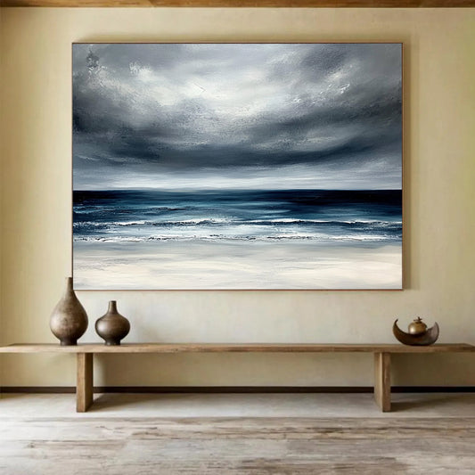 Gray, Blue, White and Beige Dramatic Seaside "Stormy Horizon" Painting On Canvas HB0675