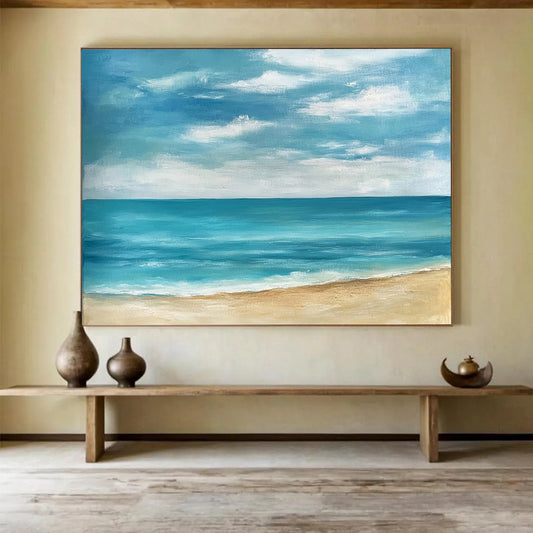 “Simple Coastal View” - Blues, Whites, Browns, Minimalist Beach - Acrylic Painting HB1602
