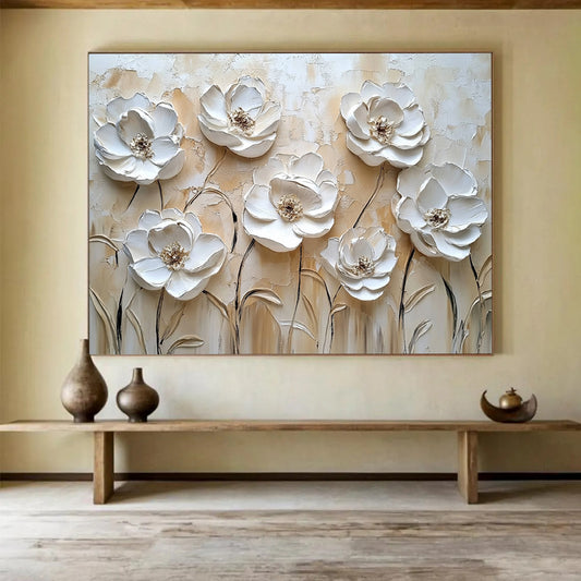 Beige and White Textured Flowers "Timeless Petals" Painting On Canvas HB0425