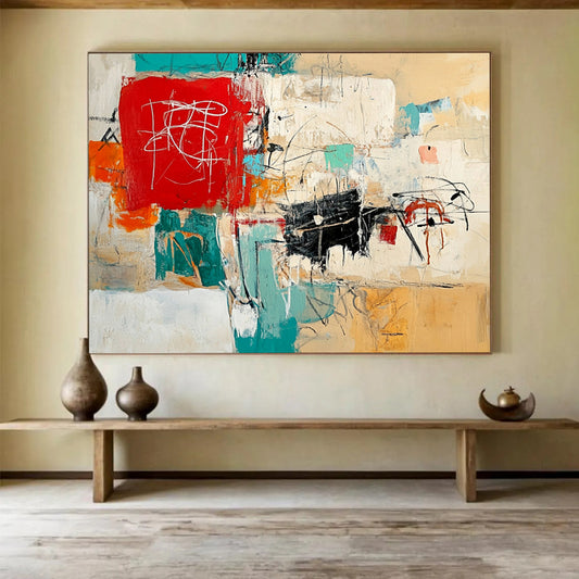 “Colorful Chaos” - Red, Teal, Orange, Expressive Marks - Abstract Expressionist Acrylic Painting HB1540