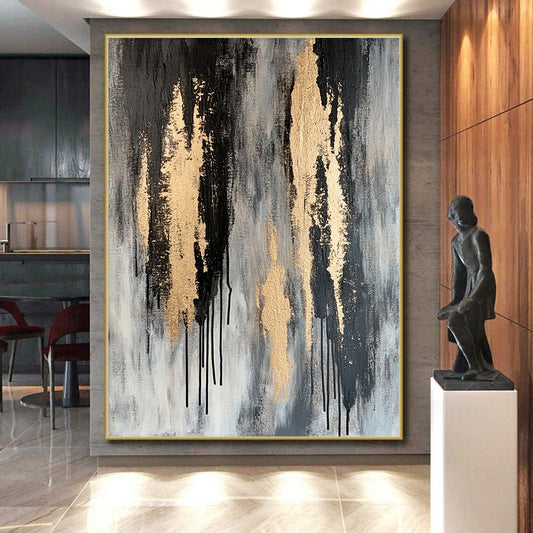 Gray, Black & Gold Dripping Textures - “Urban Gilded Streams” Painting On Canvas HB198