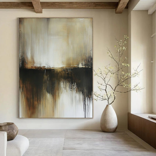 Contemporary hand-painted abstract art in neutral browns and greys evokes a dark grungy misty atmosphere with subtle beige and white tones. DLZ0528