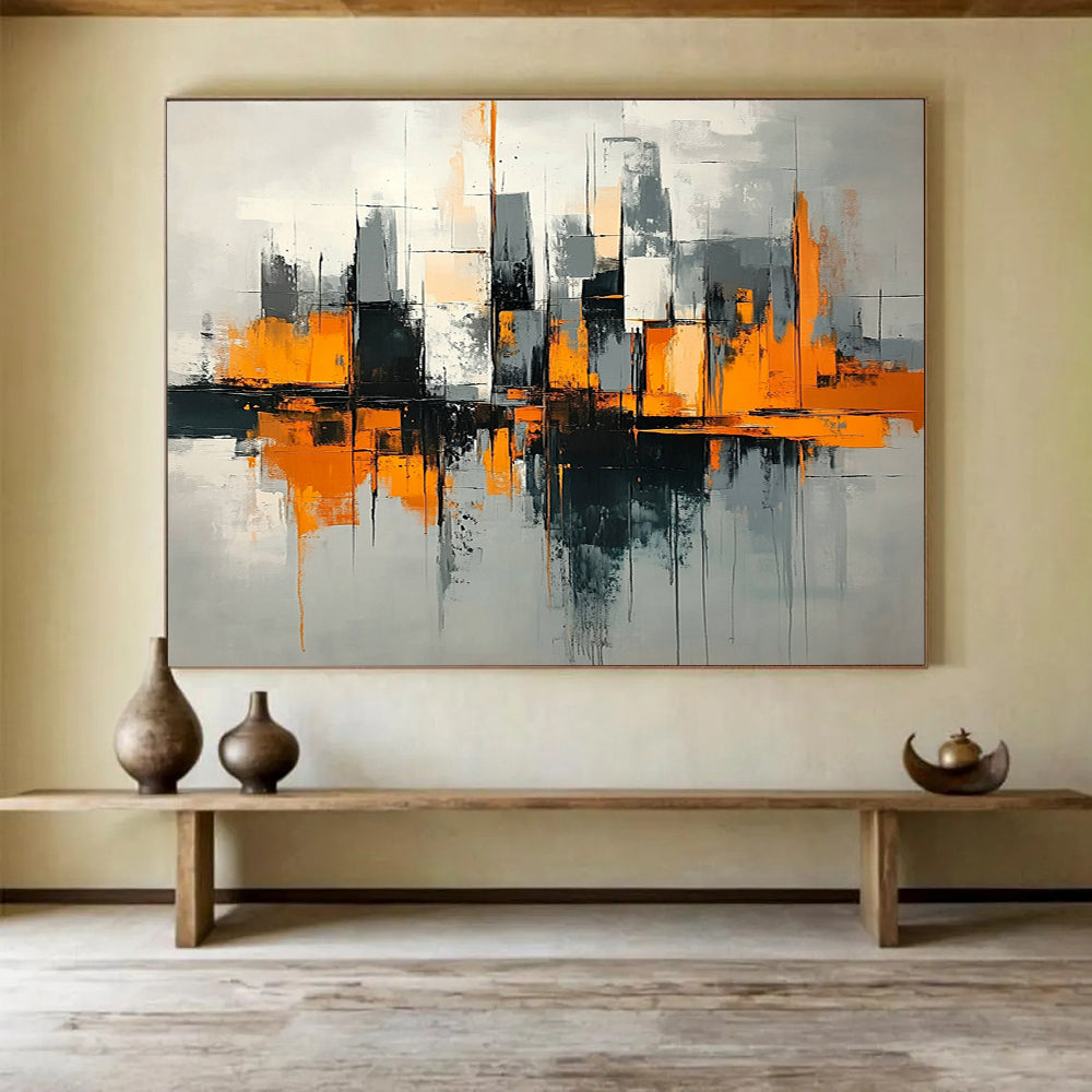 “Urban Geometry in Orange” - Orange, Gray, Black, Abstract Cubist Cityscape Painting On Canvas HB1079