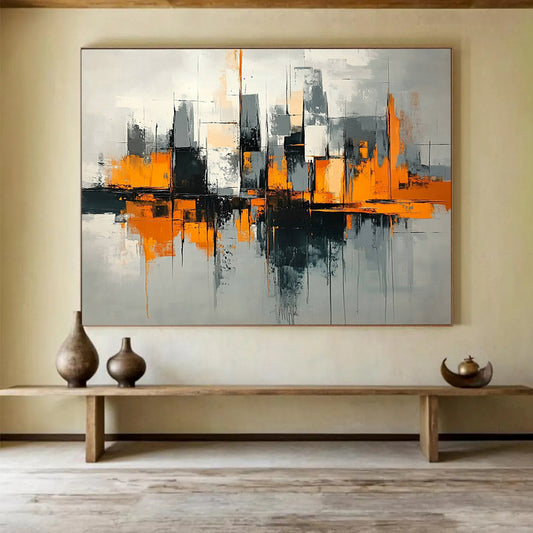 “Urban Geometry in Orange” - Orange, Gray, Black, Abstract Cubist Cityscape Painting On Canvas HB1079