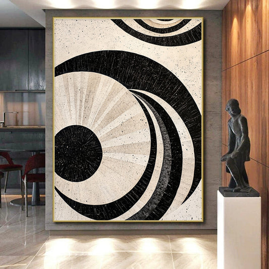 Black, White, Beige Circular Patterns - “Vintage Record Grooves” Painting On Canvas HB185