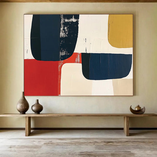 “Colorful Geometric Blocks” - Navy, red, beige, mustard, Abstract Geometric Painting HB0617