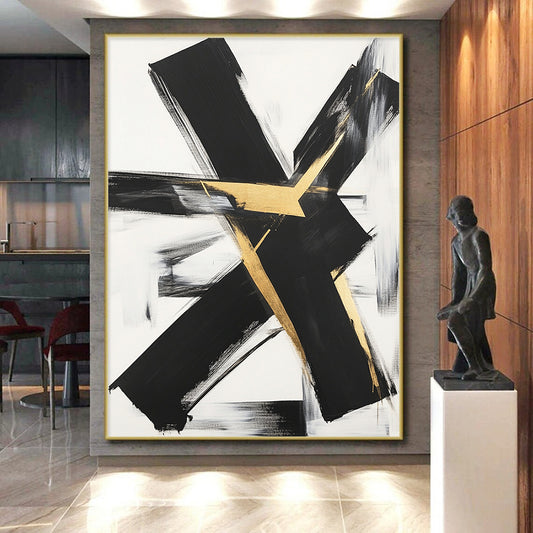 Black, White, Gold, Gray, Textured Triangles "Gilded Terrain" Abstract Cubist - Inspired Painting On Canvas HB120