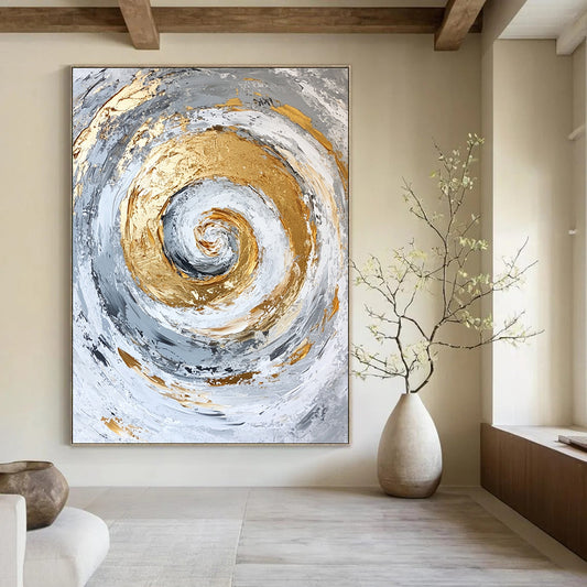 Contemporary hand-painted abstract artwork featuring a spiral design with gold accents on a textured white and grey background. DLZ0807