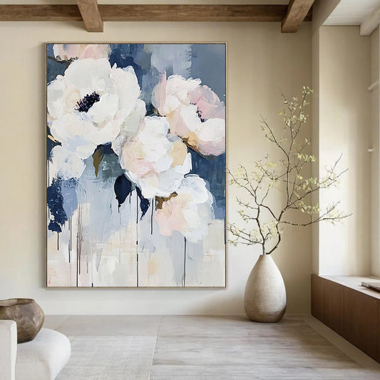 Contemporary abstract art featuring large brush strokes with light blue and white flowers such as peonies and roses accented by navy tones. DLZ0380