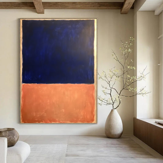 Contemporary hand-painted abstract artwork featuring dark blue and light orange with a significant white space, inspired by Rothko’s bold minimalism. DLZ1362